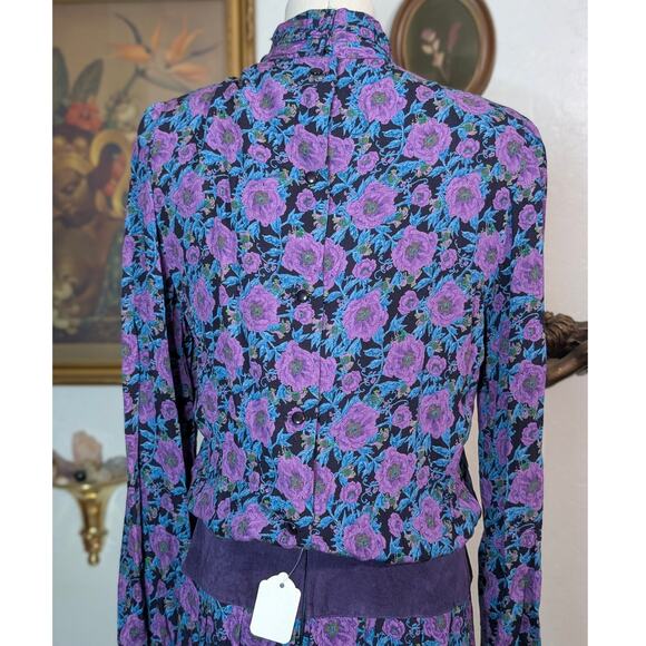 Vintage 80s Patty O'Neil Floral Maxi Dress Purple Mock Neck Maximalist Bohemian - Picture 5 of 7